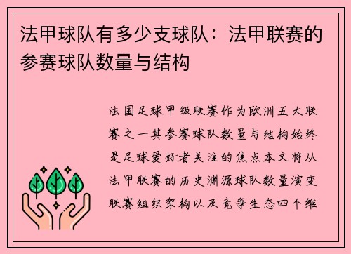 法甲球队有多少支球队：法甲联赛的参赛球队数量与结构